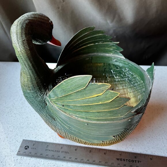 Handcrafted Woven Duck Basket Green & Orange Decorative Storage Piece Natural - Picture 9 of 10